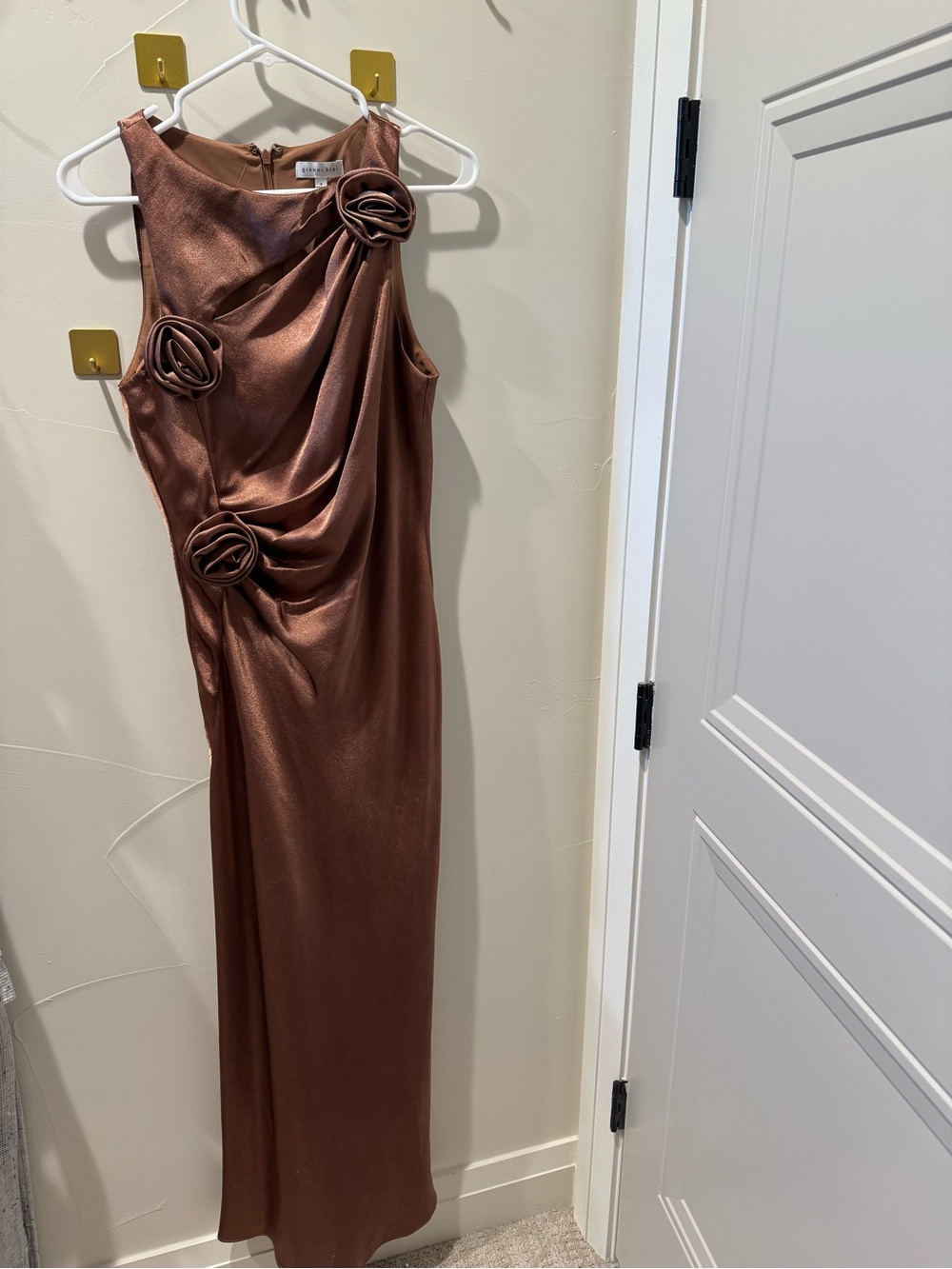 Gianni Bini Copper-Brown Satin Maxi Dress with Rosette Accents